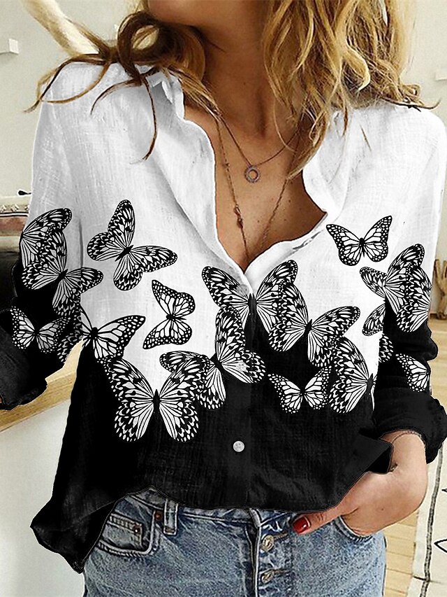  Damen Bluse Hemd Schmetterling Schmetterling Farbblock Hemdkragen Taste Bedruckt Alltag Strassenmode Oberteile Schwarz