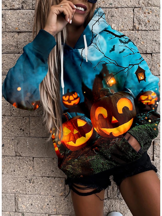  Dame 3D Græskar Hattetrøje Sweatshirt Frontlomme Trykt mønster 3D-udskrivning Halloween Sport Gade Halloween Hættetrøjer Sweatshirts Blå