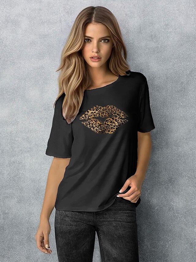  Mulheres Camiseta Leopardo Decote Redondo Estampado Básico Blusas 100% Algodão Amarelo Vinho Verde