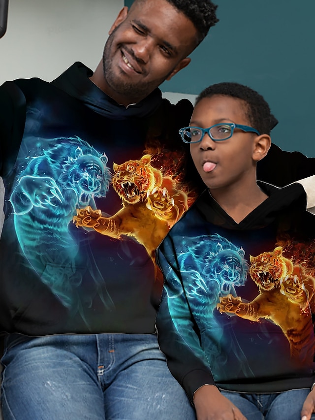  Dad and Son Hoodie Animal Print Black Long Sleeve 3D Print Daily Matching Outfits / Fall