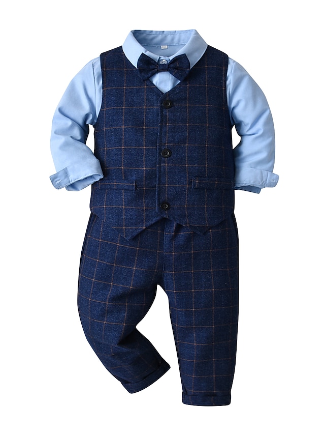  Kids Toddler Boys' Clothing Set Children's Day Long Sleeve 4 Pieces Blue Plaid Casual / Daily Festival Cotton Basic 2-6 Years / Fall / Winter / Spring