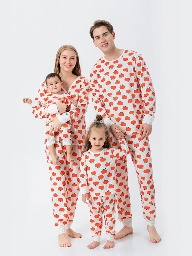  Halloween Pajamas Family Look Daily Pumpkin Print Light Yellow Long Sleeve Sweet Matching Outfits / Fall / Winter