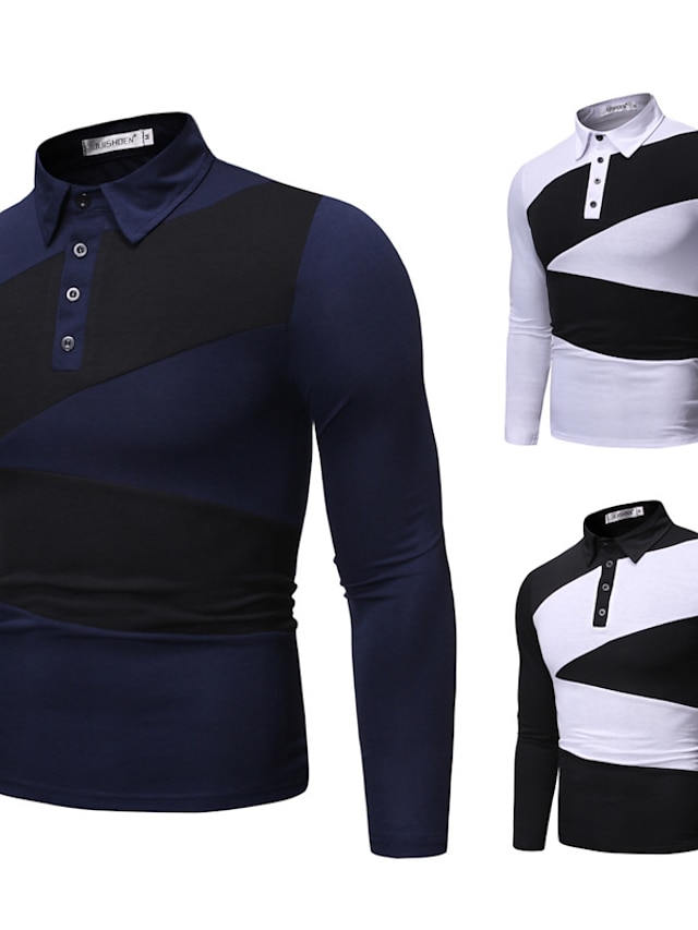  Men's Golf Shirt Striped Collar Street Daily Long Sleeve Button-Down Tops Cotton Sportswear Casual Fashion Comfortable White Black Navy Blue / Fall / Winter
