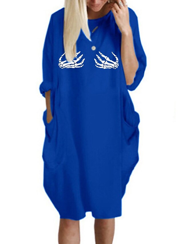  Damen Knielanges Kleid T Shirt Kleid Blau Gelb Fuchsie Grau Grün Weiß Schwarz Langarm Tasche Bedruckt Bedruckt Rundhalsausschnitt Herbst Frühling Halloween Alltag 2021 überdimensional S M L XL XXL