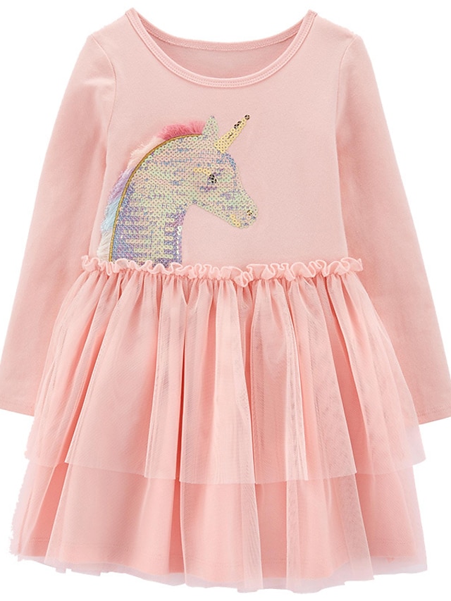  Kids Little Girls' Dress Unicorn Daily A Line Dress Sequins Mesh Blushing Pink Midi Cotton Long Sleeve Casual Cute Dresses Fall Regular Fit 2-8 Years