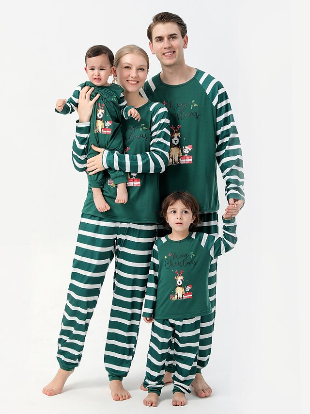  Christmas Pajamas Family Look Christmas Gifts Striped Letter Animal Print Deep Green Long Sleeve Daily Matching Outfits / Fall / Winter
