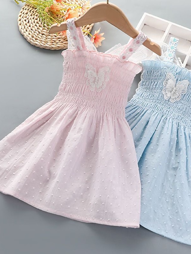  Kids Little Dress Girls' Butterfly School Daily Lace up Light Pink Light Blue Cotton Sleeveless Casual Sweet Dresses Spring Summer 3-12 Years