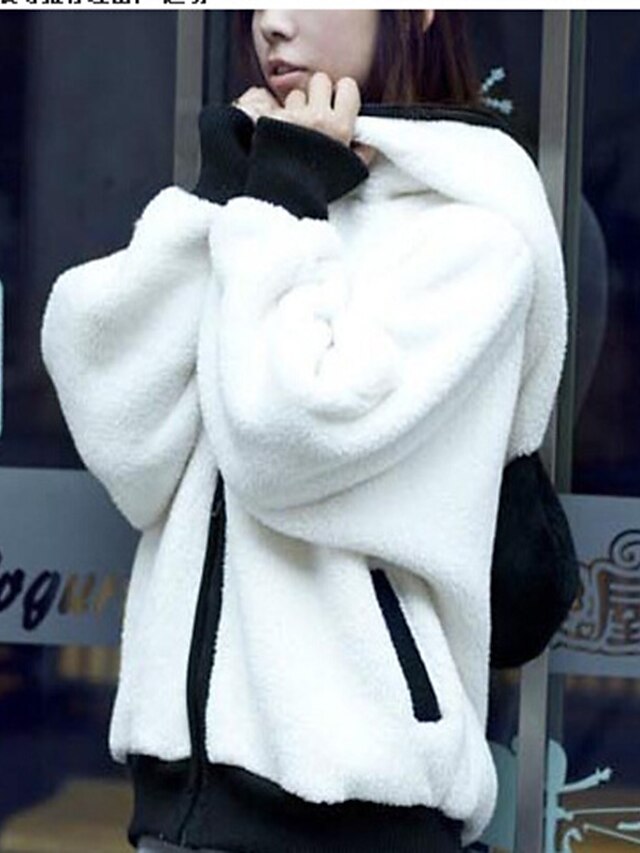  Women's Teddy Coat Fall Spring Causal Daily Regular Coat Warm Regular Fit Casual Jacket Long Sleeve Zipper Panda Black+White