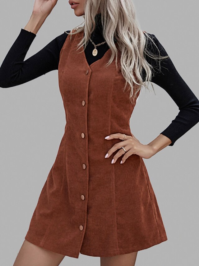  Women's Short Mini Dress A Line Dress Light Brown Sleeveless Button Solid Color V Neck Fall Winter Work Vintage 2021 S M L XL / Polyester / Machine wash