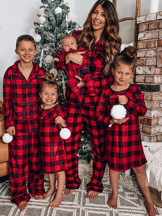  Family Pajamas Cotton Plaid Home Dark Red Long Sleeve Vacation Matching Outfits