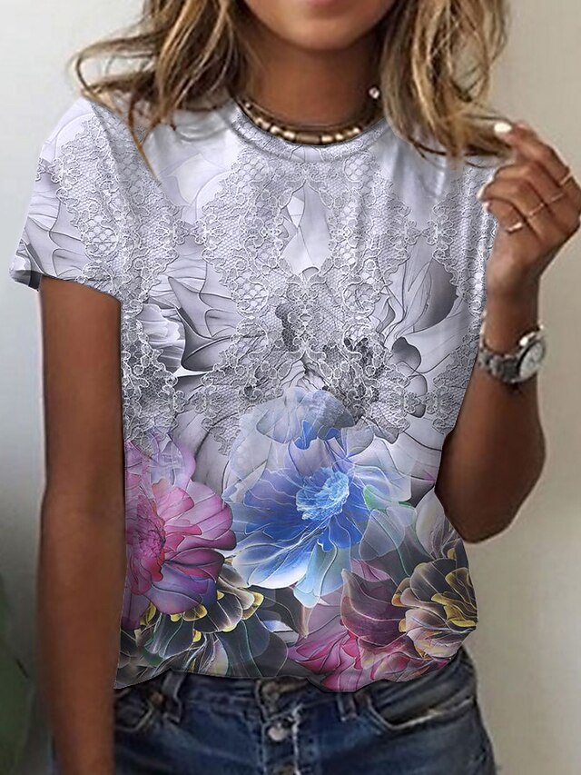  Dame Blomstret Grafisk Daglig Weekend Blomster Tema Maleri Kortærmet T-shirt Rund hals Trykt mønster Basale Årgang Toppe Grå S / 3D-udskrivning