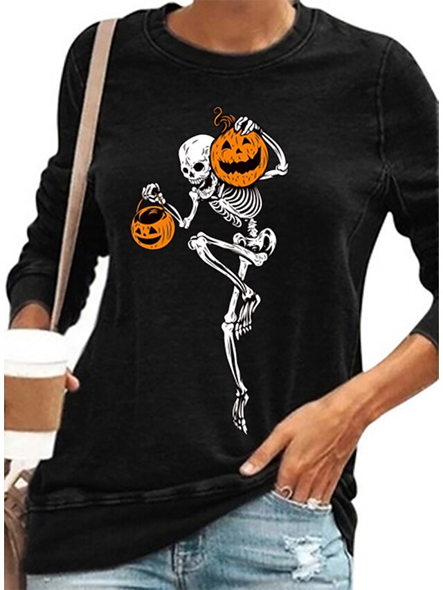  Women's Halloween T shirt Painting Long Sleeve Skull Pumpkin Round Neck Print Basic Halloween Tops Regular Fit Blue Wine Gray