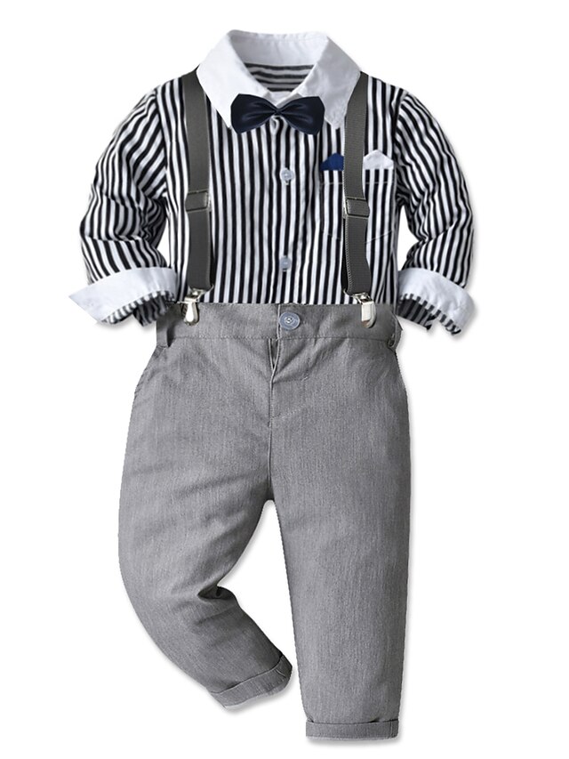 Kids Toddler Boys Shirt & Pants Clothing Set Children's Day Long Sleeve 4 Pieces Gray Striped Daily Formal Cotton Basic 2-6 Years / Fall / Spring