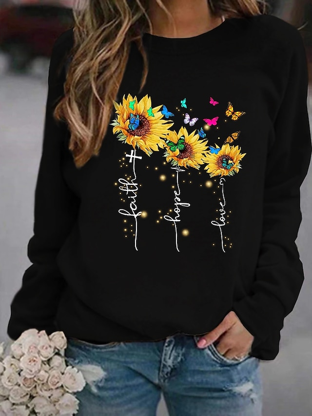  Women's Butterfly Sunflower Sweatshirt Pullover Print Hot Stamping Daily Sports Active Streetwear Cotton Hoodies Sweatshirts  Black Red Navy Blue