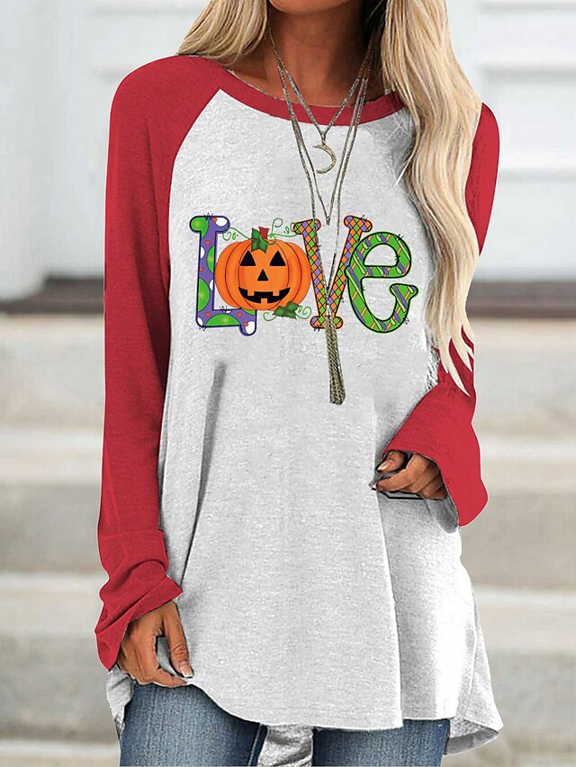  Women's Halloween Weekend T shirt Tee Abstract Painting Long Sleeve Color Block Pumpkin Letter Round Neck Patchwork Print Basic Halloween Tops Green Red Brown S