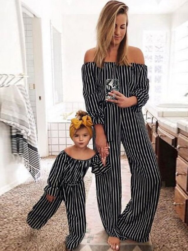  Family Look Overall & Jumpsuit Daily Striped Patchwork Black Maxi Long Sleeve Active Matching Outfits