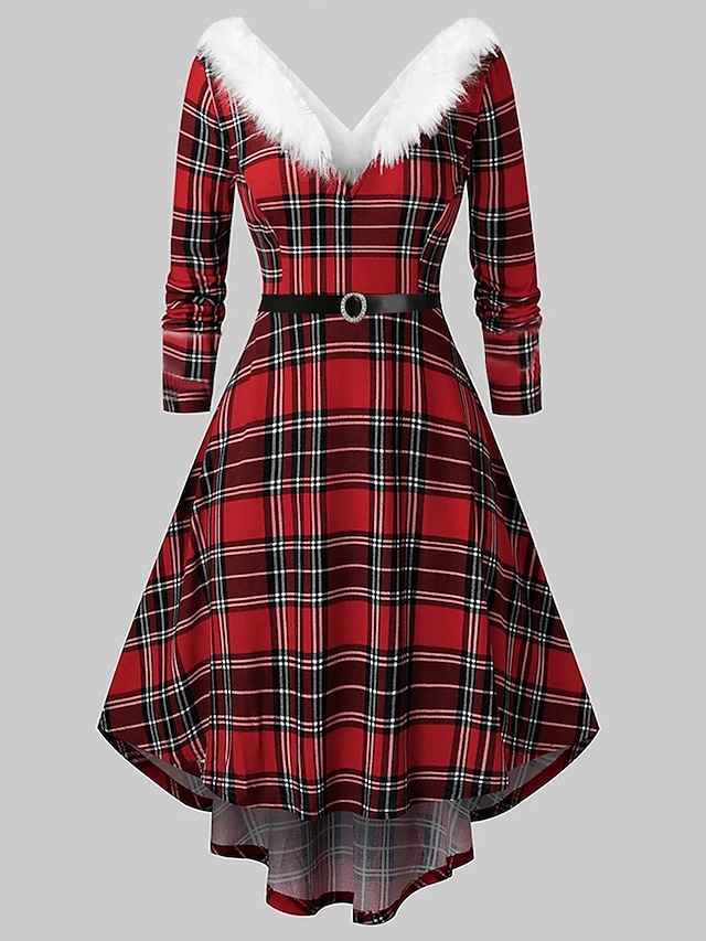 Women's Plus Size Plaid A Line Dress Print V Neck Long Sleeve Casual Vintage Fall Winter Daily Going out Knee Length Dress Dress