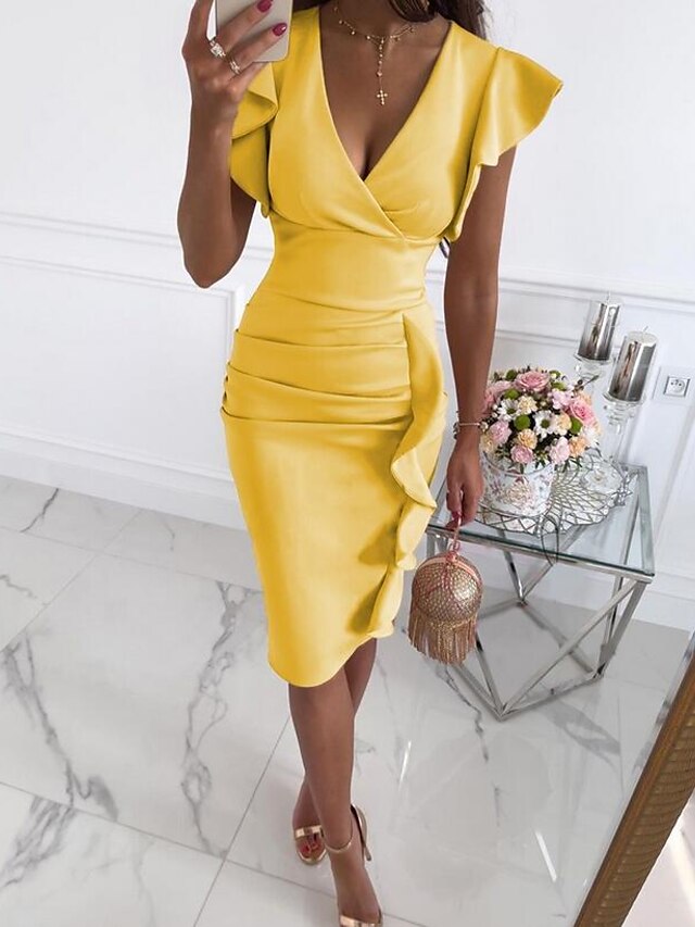  Women's Party Dress Sheath Dress Yellow Red Apricot Black Sleeveless Ruched Ruffle Pure Color V Neck Spring Summer Party Christmas Stylish Elegant Sexy 2022 Slim S M L XL XXL / Wedding Guest
