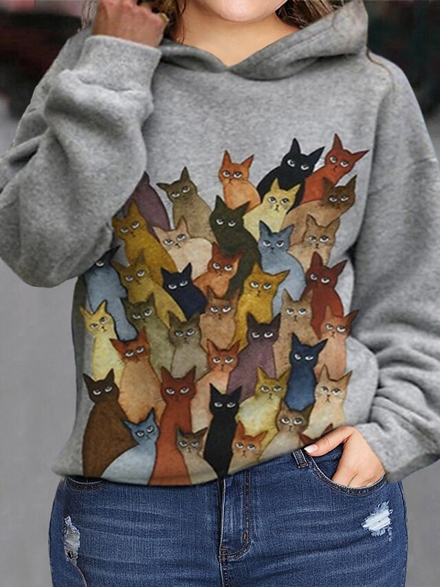  Women's Plus Size Tops Hoodie Sweatshirt Cat Graphic Animal Print V Neck Long Sleeve Fall Winter Streetwear Gray Big Size L XL XXL 3XL