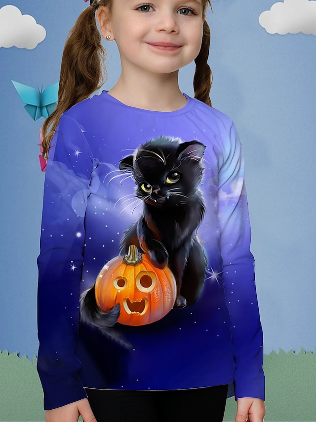  Kinder Mädchen T-Shirt Langarm Purpur 3D-Druck Katze Kürbis Tier Aktiv 4-12 Jahre / Herbst