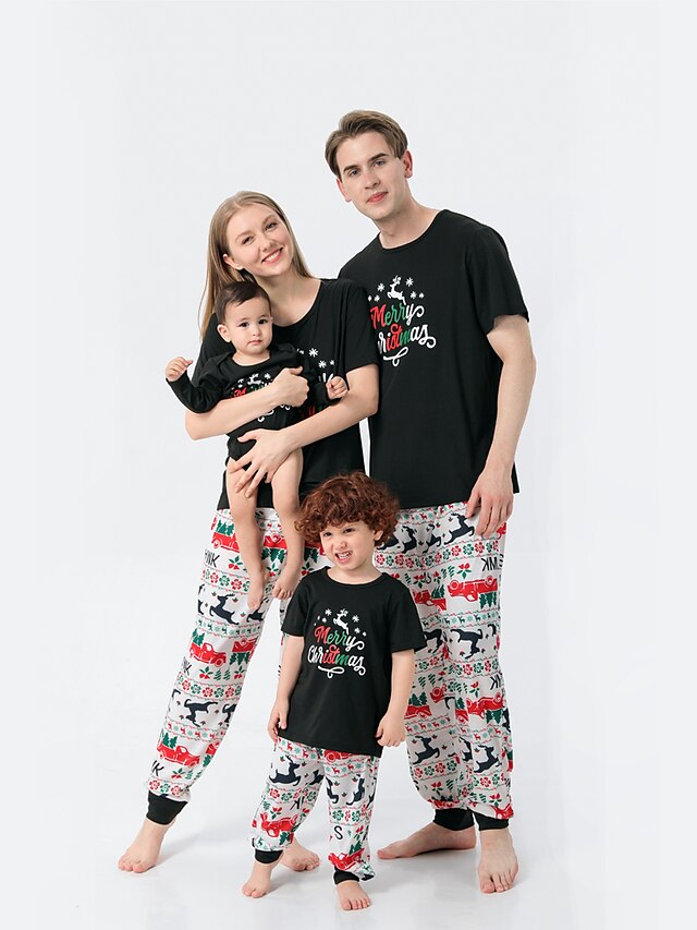  Christmas Pajamas Family Look Christmas Gifts Deer Christmas pattern Letter Print Black Long Sleeve Daily Matching Outfits / Fall / Winter