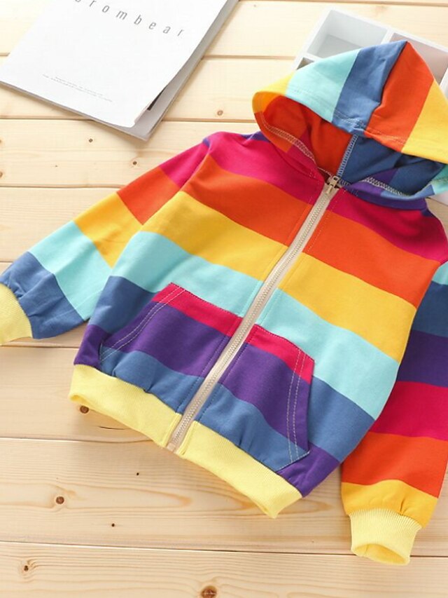  Kids Girls' Long Sleeve Coat Colorblock Blue Rainbow Zipper Rainbow Active Fall 3-8 Years / Basic / Cotton