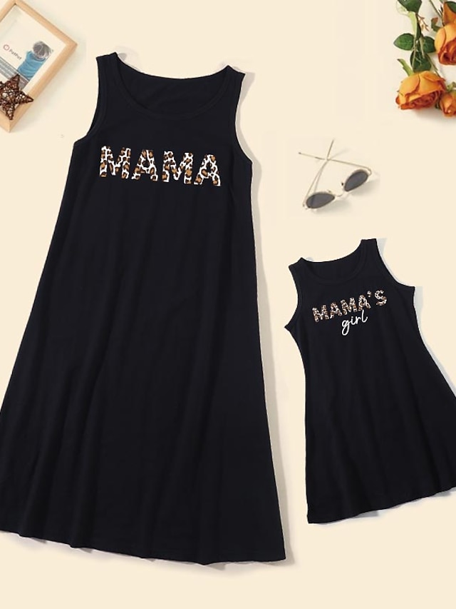  Mommy and Me Cotton Dresses Daily Leopard Letter Print Black Knee-length Sleeveless Tank Dress Cute Matching Outfits / Summer / Long