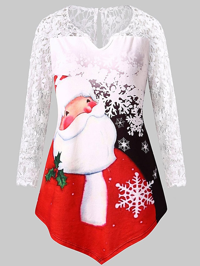  Women's Plus Size Tops Blouse Shirt Cartoon Snowflake Long Sleeve Lace Print Streetwear Christmas V Neck Polyster Christmas Daily Fall Winter Purple Green