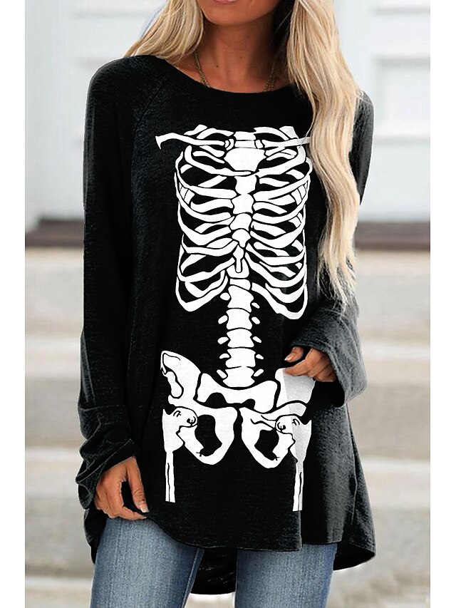  Women's Halloween T shirt Painting Long Sleeve Skull Round Neck Print Basic Halloween Tops Regular Fit Black / 3D Print