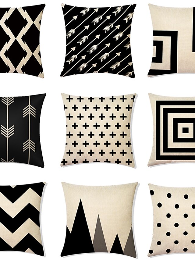  juego de 9 fundas de almohada de lino de imitación, cojín moderno de moda geométrica contemporánea