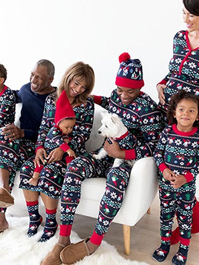  Familiestil Pyjamas julenissen Trykt mønster Svart Langermet Aktiv Matchende antrekk