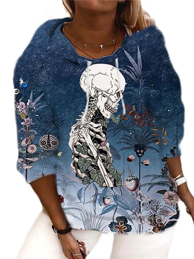  Women's Plus Size Tops Hoodie Sweatshirt Floral Graphic Skull Print V Neck Long Sleeve Fall Winter Streetwear Halloween Blue Big Size XL XXL 3XL 4XL 5XL / Regular Fit / Going out