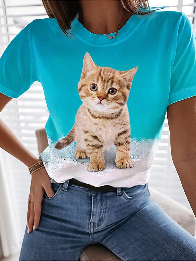  Mulheres Camiseta Azul Imprimir Bloco de cor Gato Diário Final de semana Manga Curta Decote Redondo Básico Padrão Gato 3D Pintura S