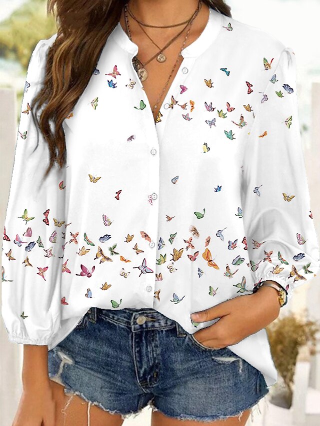  Women's Shirt Blouse Animal Butterfly White Pink Blue Print Button Long Sleeve Daily Weekend Streetwear Casual Shirt Collar Regular Fit Spring Fall