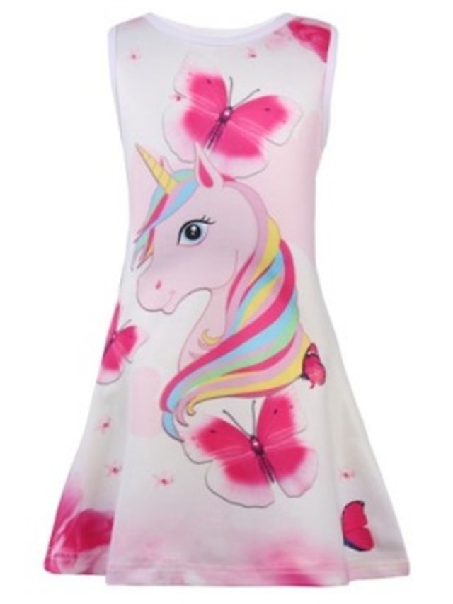  Kids Little Girls' Dress Unicorn Cartoon Animal Tank Dress Print Blushing Pink Knee-length Sleeveless Sweet Dresses Regular Fit