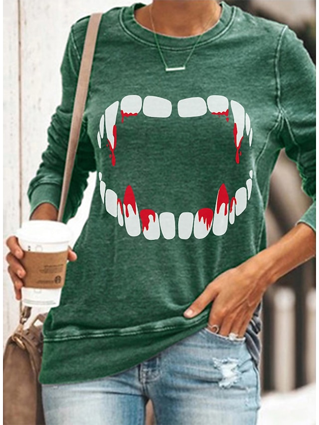  Women's Halloween Weekend T shirt Tee Abstract Painting Long Sleeve Graphic Round Neck Print Basic Halloween Tops Green Black Blue S