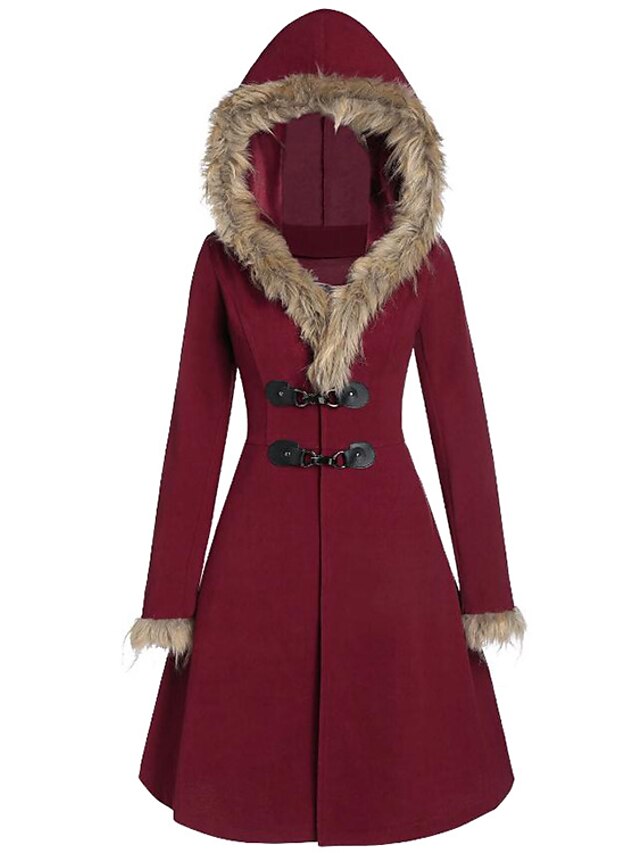  Per donna Cappotto invernale Cappotto Giacca con cappuccio Halloween Autunno Inverno Lungo Cappotto Standard Tenere al caldo Informale Giacca Manica lunga Tinta unica Colletto di pelliccia Nero Vino