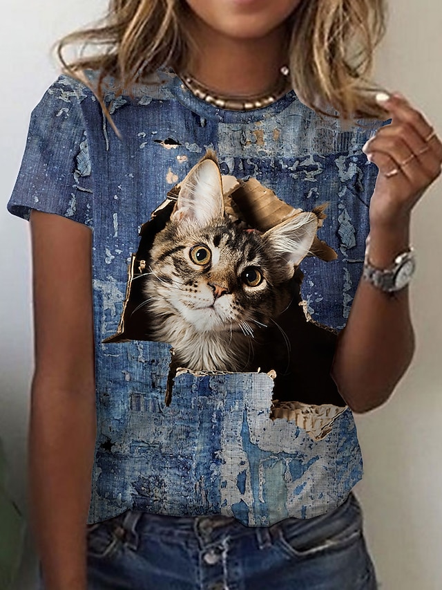  Dame T skjorte 3D Cat Maling Katt 3D Dyr Rund hals Trykt mønster Grunnleggende Topper Blå / 3D-utskrift