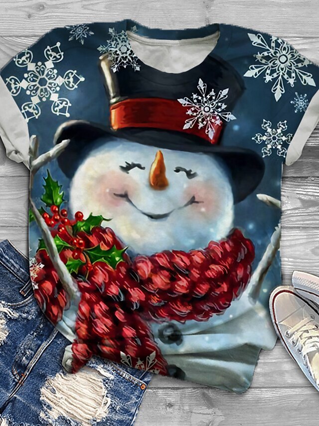  Women's Plus Size Tops T shirt Cartoon Snowflake Short Sleeve Print Basic Streetwear Crewneck Cotton Spandex Jersey Christmas Daily Fall Winter Blue Black