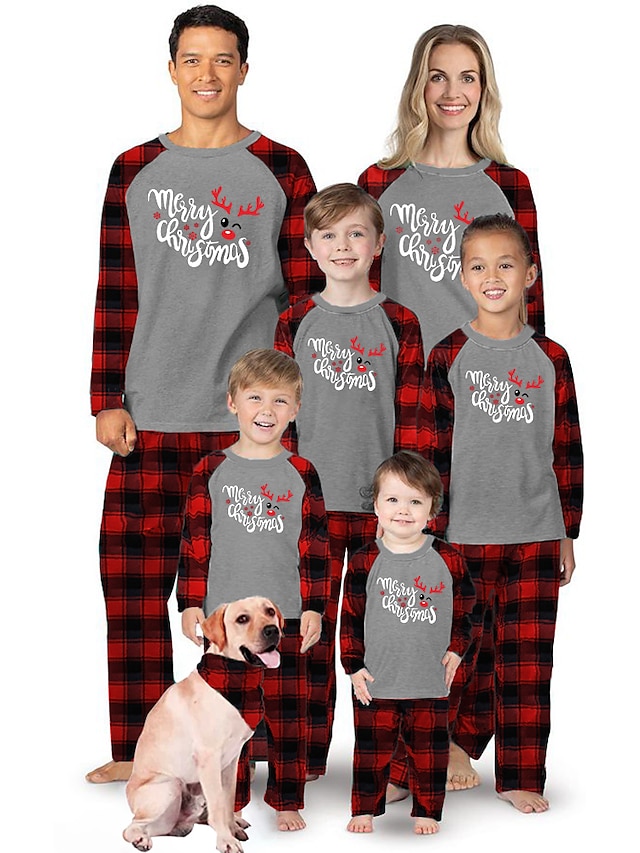  Christmas Pajamas Family Look Christmas Gifts Plaid Deer Letter Patchwork Black Gray Long Sleeve Adorable Matching Outfits / Fall / Winter / Print
