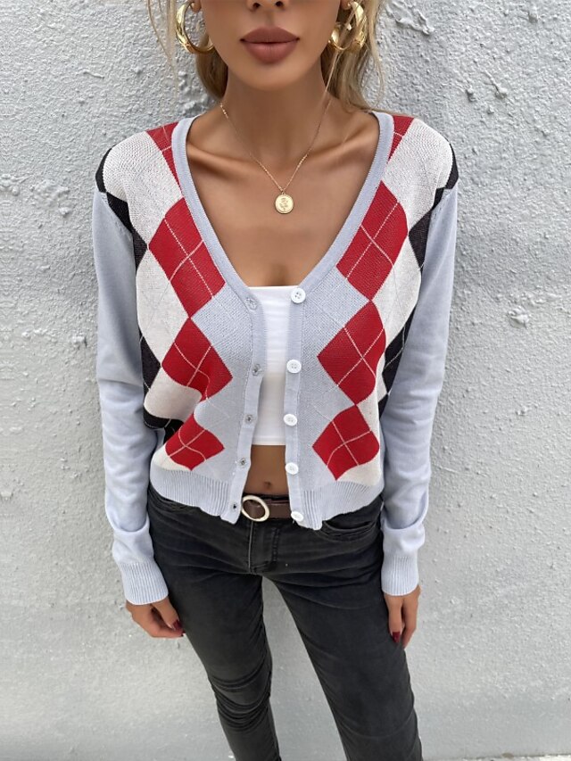  Women's Cardigan Plaid Argyle Knitted Button Stylish Basic Casual Long Sleeve Slim Sweater Cardigans Fall Spring Open Front Light gray / Holiday / Going out