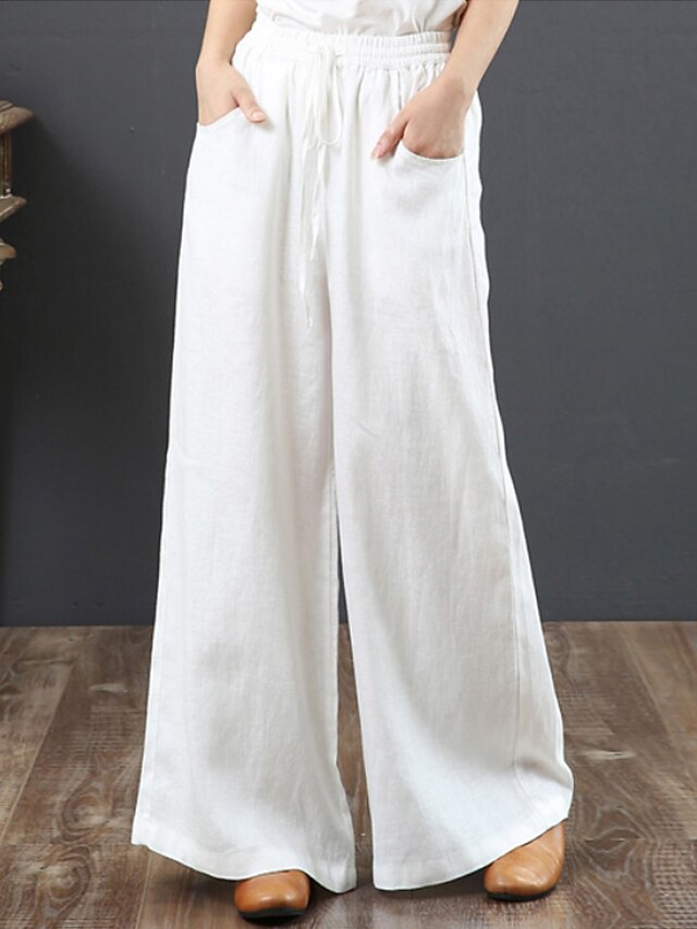 Women's Culottes Wide Leg Gauchos Pants Chinos Full Length Cotton Baggy Micro-elastic Mid Waist Vintage Chinese Style Daily Weekend Black White S M Spring