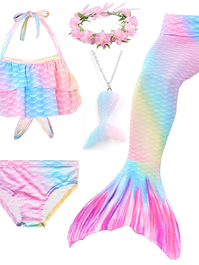  Bikini de 5pcs de Niñas Traje de Baño Sirena Cola Traje de Baño Cosplay Arco Iris Halter Impresión Púrpura Ruborizado Rosa Trajes de Fiesta Princesa Trajes de Baño