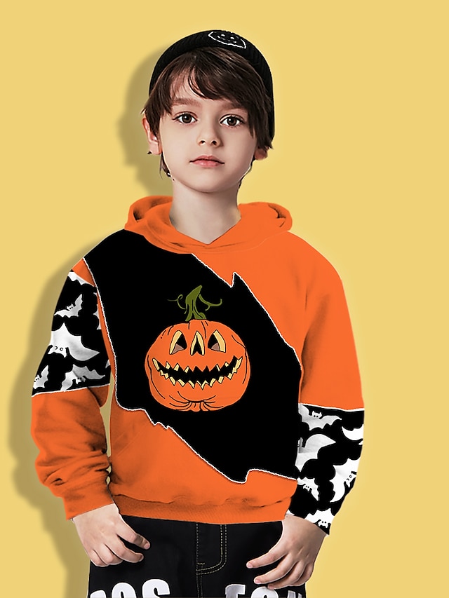  Kids Boys' Hoodie Long Sleeve 3D Print Graphic Pumpkin Halloween pattern Orange Children Tops Fall Active Daily Halloween Regular Fit 4-12 Years