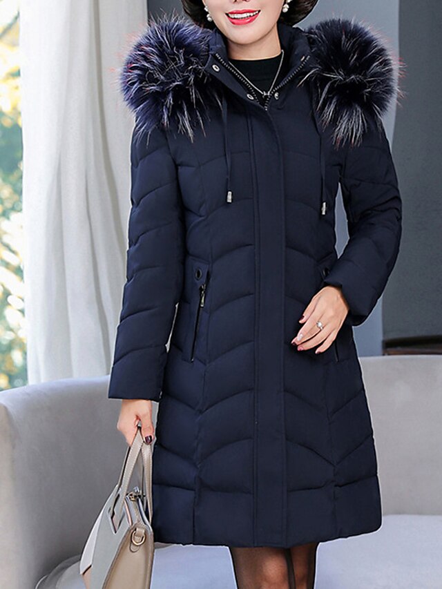  Women's Parka Puffer Jacket Fur Trim Pocket Long Coat Black Blue Dark Blue Red Street Casual Zipper Winter Stand Collar Regular Fit XL XXL 2XL 3XL 4XL 5XL / Daily / Warm / Plain