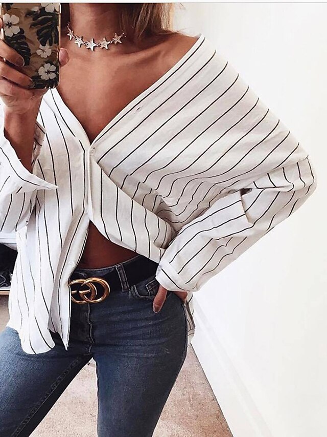  Women's Blouse Shirt Long Sleeve Striped V Neck Button Basic Streetwear Tops Loose Puff Sleeve White