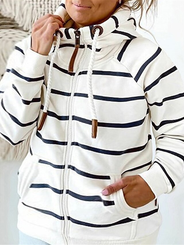 Women's Plus Size Tops Hoodie Sweatshirt Striped Zipper Pocket High Neck Long Sleeve Fall Winter Streetwear White Big Size L XL XXL 3XL 4XL