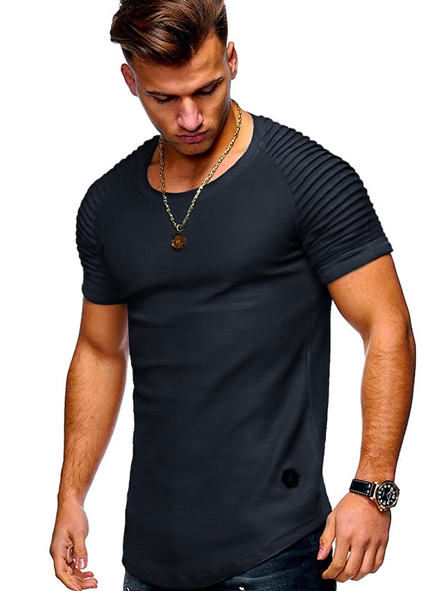  Men's T shirt Tee Tee Crew Neck Plain Slim Pleated Casual Plus Size Normal Short Sleeve Pleated Sleeve Clothing Apparel Sportswear Muscle Esencial