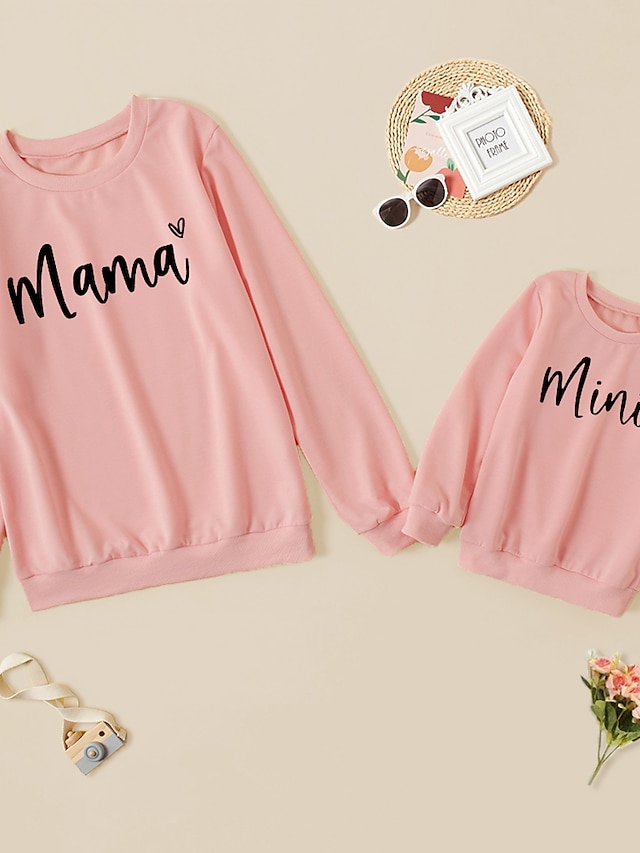  Mommy and Me Tops Daily Heart Letter Print White Pink Gray Long Sleeve Daily Matching Outfits / Fall / Winter / Cute