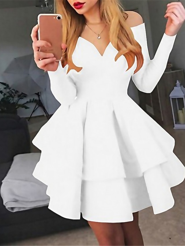  Mulheres Mini vestido curto Vestido A Line Branco Preto Vermelho Manga Longa Multi Camadas Pregueado Ombro a Ombro Outono Inverno Personalizada quente Sensual 2022 S M L XL XXL